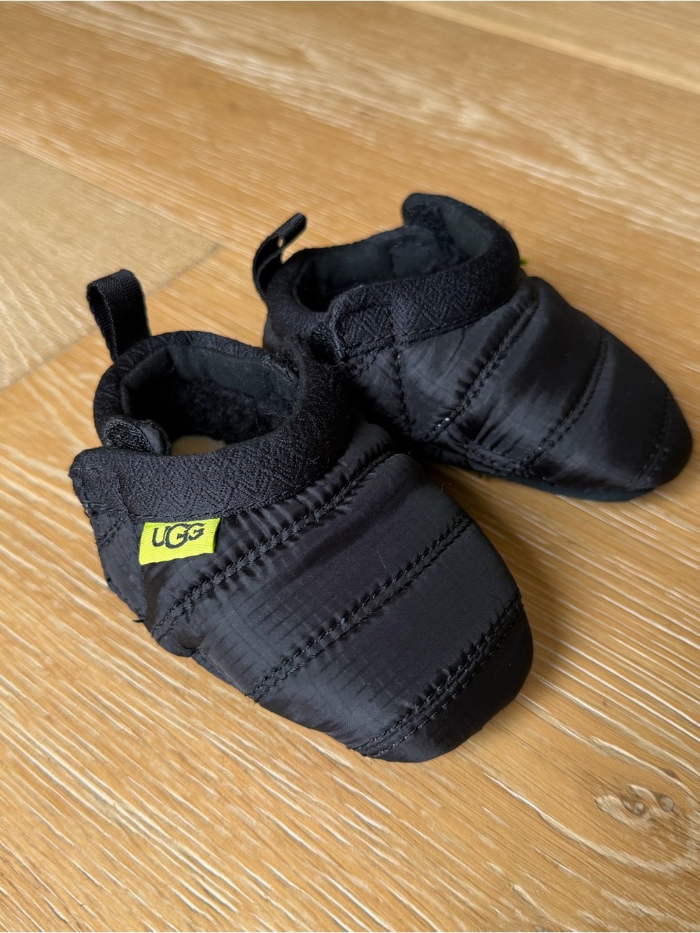 UGG Kids Black Quilted Slip-On Slippers with Neon Logo